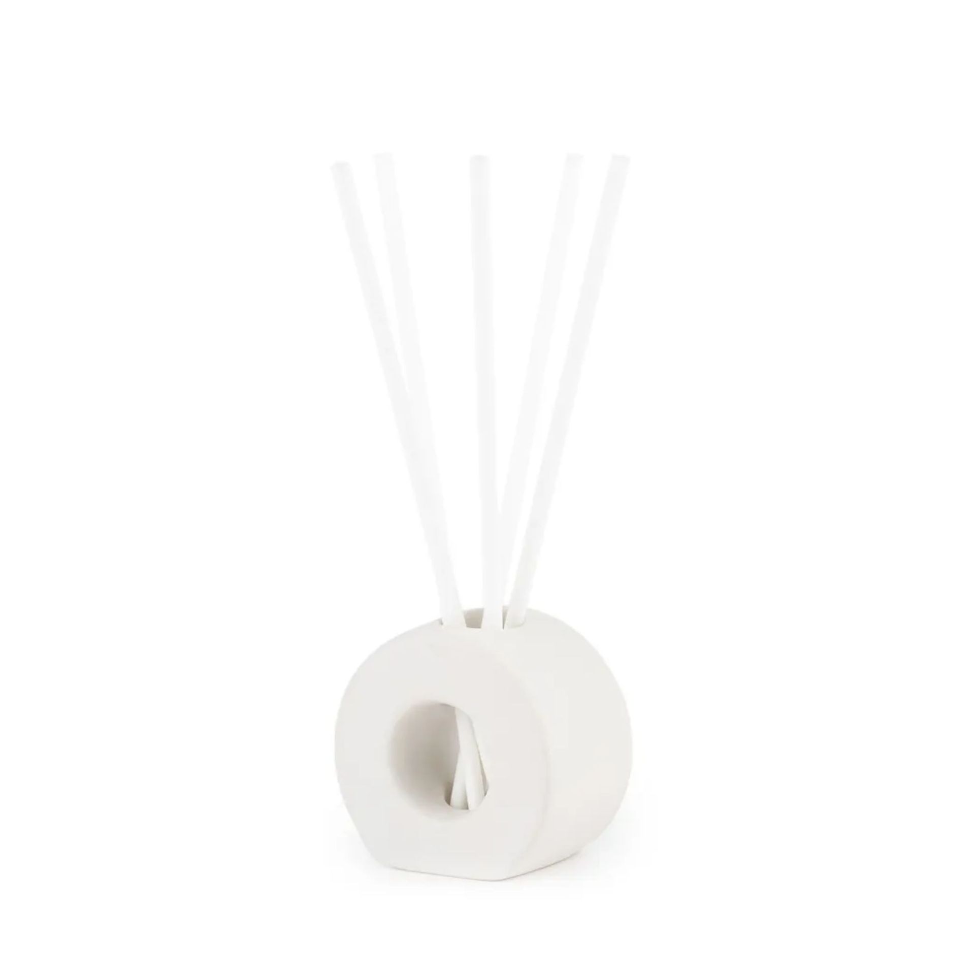 White reeds in a circular ceramic vase holder