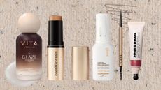 Lineup of new beauty launches in March 2026 (L-R) from Vita Liberata, bareMinerals, Gisou, VIEVE and Jones Road, on a beige textured background with eyebrow pencil and serum swatches