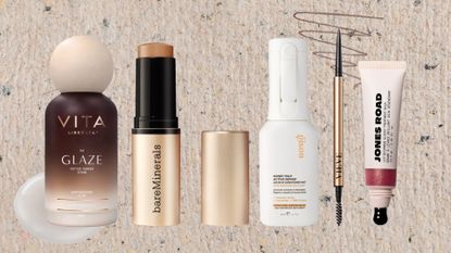Lineup of new beauty launches in March 2026 (L-R) from Vita Liberata, bareMinerals, Gisou, VIEVE and Jones Road, on a beige textured background with eyebrow pencil and serum swatches