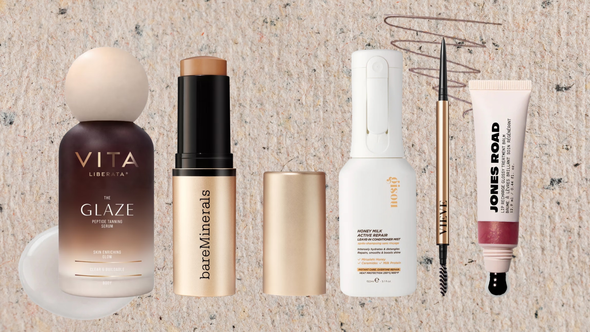 Lineup of new beauty launches in March 2026 (L-R) from Vita Liberata, bareMinerals, Gisou, VIEVE and Jones Road, on a beige textured background with eyebrow pencil and serum swatches