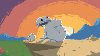 A white sheep-like thing sits in front of a giant robot which is identical to it while watching a sunset, in pixel art style, from Mobile Suit Baba.