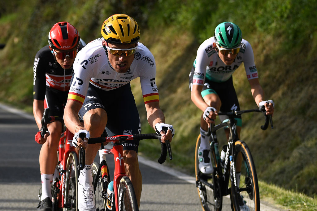 CALELLA SPAIN MARCH 22 Luis Leon Sanchez Gil of Spain and Team Astana Premier Tech Lennard Kmna of Germany and Team BORA Hansgrohe Andreas Lorentz Kron of Denmark and Team Lotto Soudal during the 100th Volta Ciclista a Catalunya 2021 Stage 1 a 1784km stage from Calella to Calella Breakaway Attack VoltaCatalunya100 on March 22 2021 in Calella Spain Photo by David RamosGetty Images