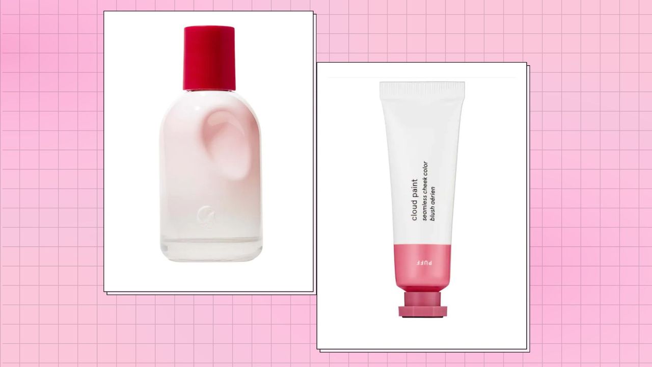 Does Ulta sell Glossier: Glossier You and Cloud Paint in Puff pictured in a pink check template