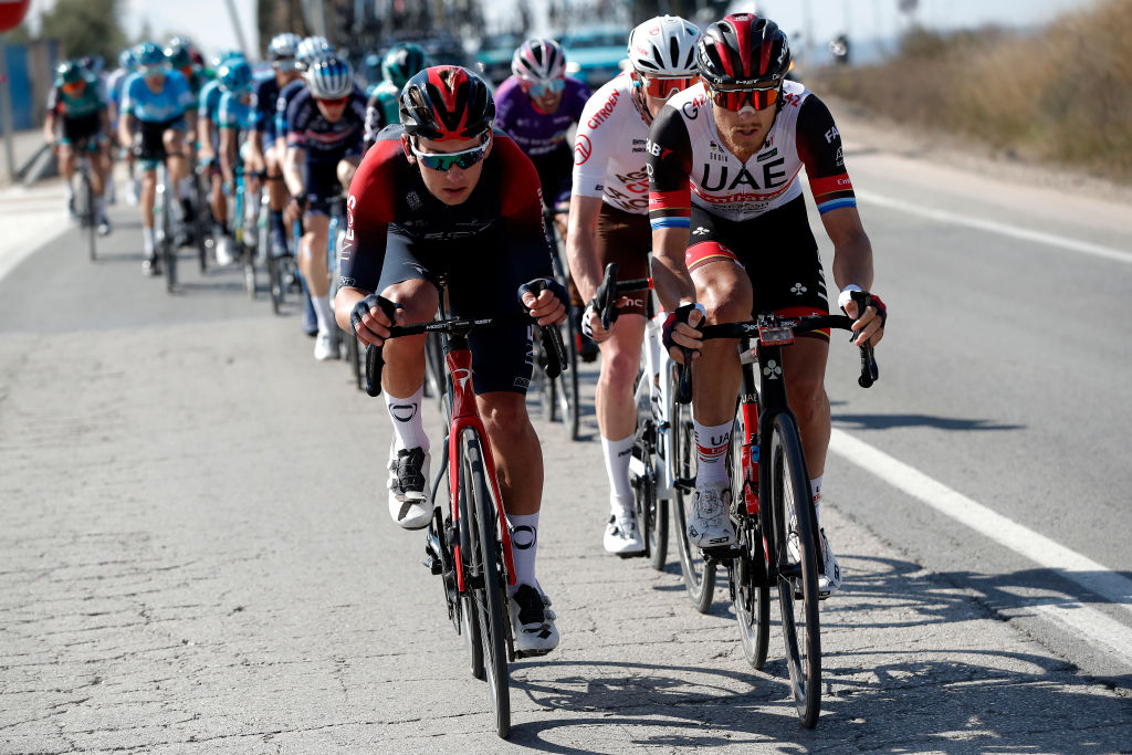 CHICLANA DE SEGURA SPAIN FEBRUARY 20 LR Magnus Sheffield of United States and Team INEOS Grenadiers and Matteo Trentin of Italy and UAE Team Emirates compete during the 68th Vuelta A Andalucia Ruta Del Sol 2022 Stage 5 a 1644km stage from Huesa to Chiclana De Segura 870m 68RdS on February 20 2022 in Chiclana De Segura Spain Photo by Bas CzerwinskiGetty Images