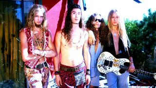 Alice in Chains during a video shoot in Los Angeles, August 1990. Left to right: singer Layne Staley (1967 - 2002), drummer Sean Kinney, bassist Mike Starr (1966 - 2011) and guitarist Jerry Cantrell.