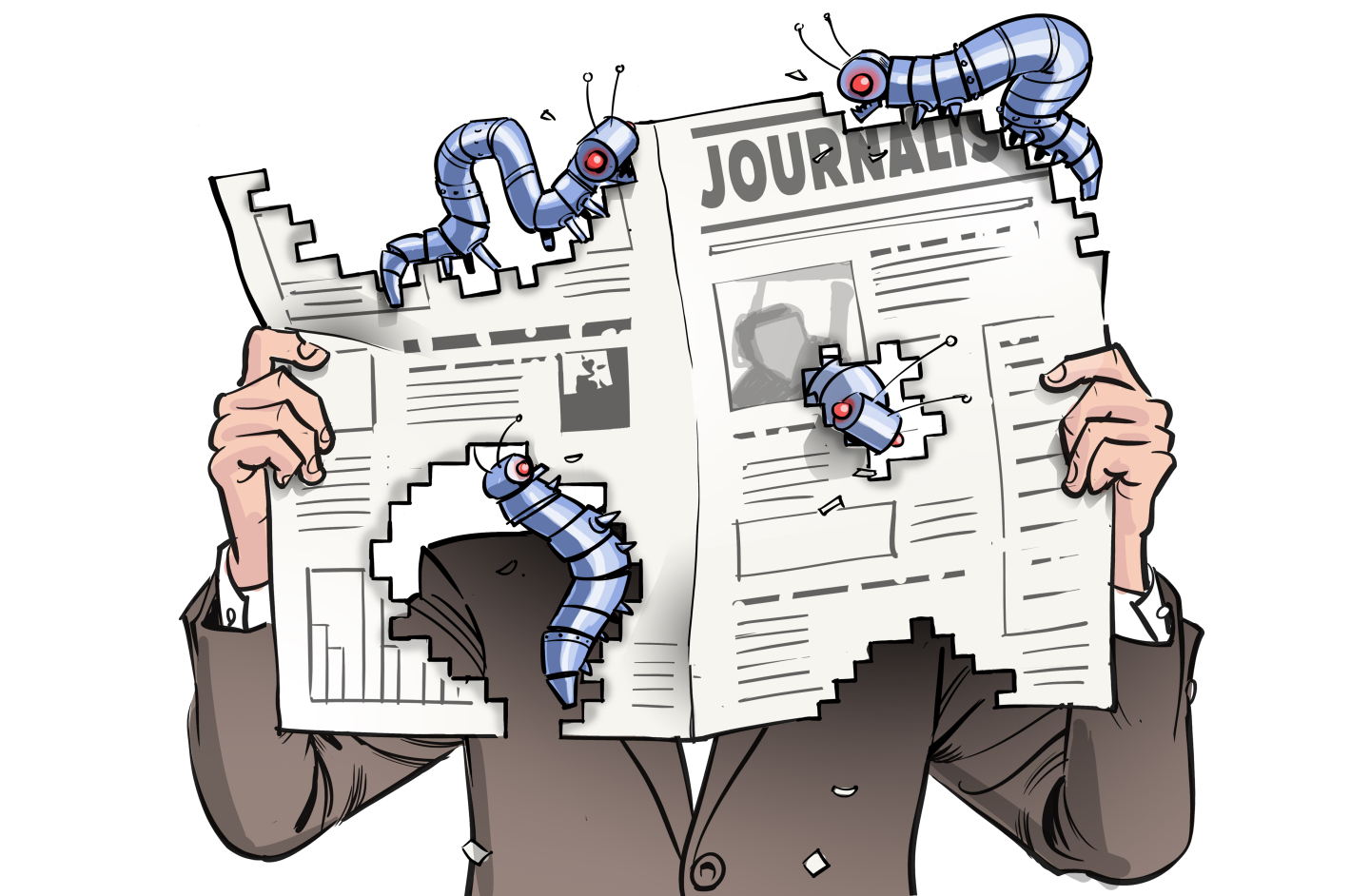 A man holds a print newspaper. The newspaper is becoming increasingly difficult to read because three robotic creatures that resemble caterpillars are eating the paper.