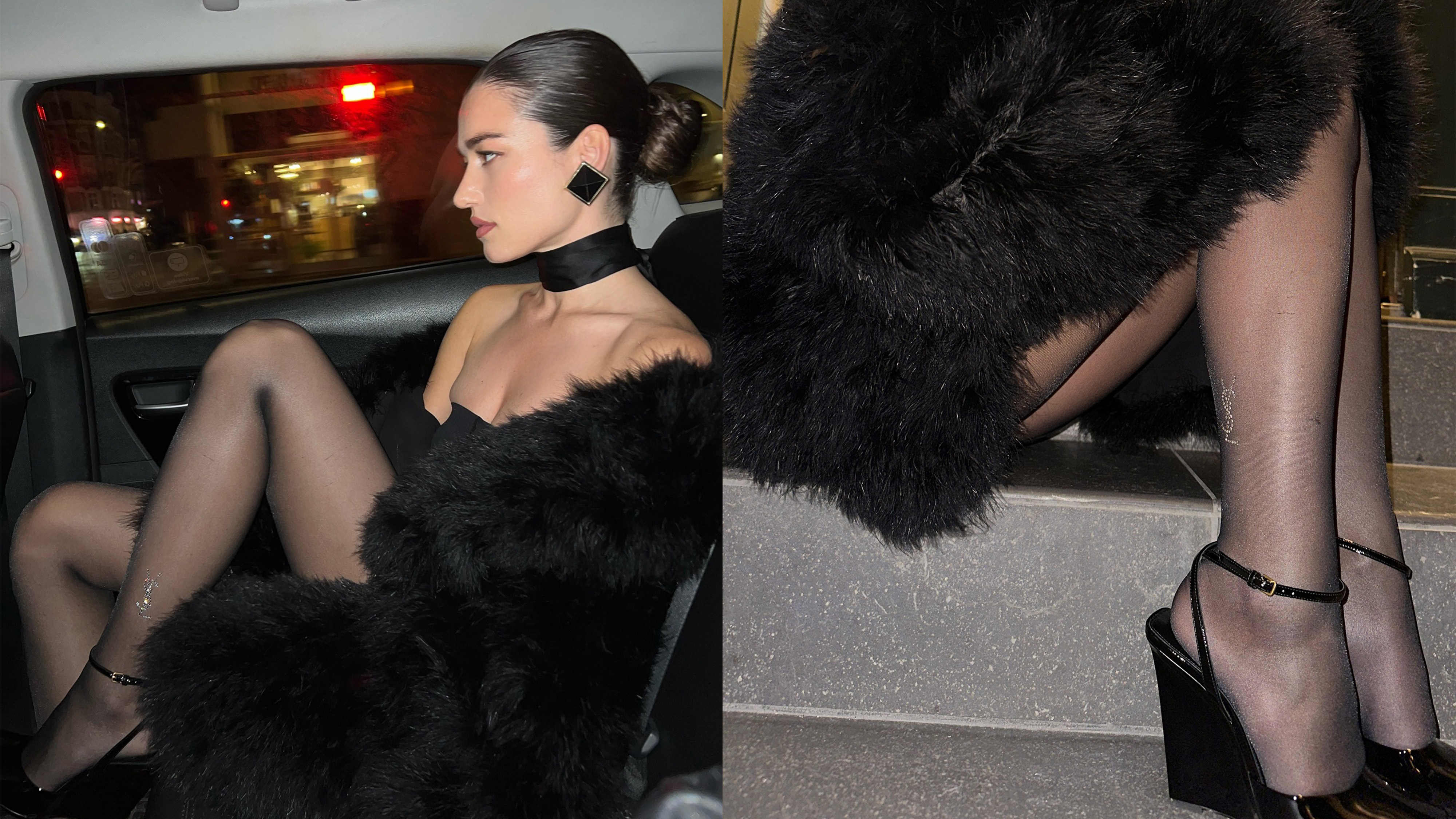 @iliridakrasniqi wearing YSL tights, dress, and jacket. 