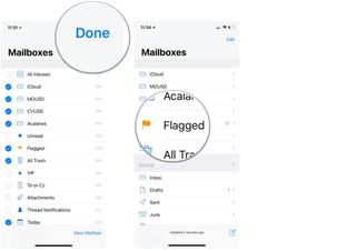 ow to display flagged emails on iPhone and iPad by showing steps: Tap Done, Tap the Flagged mailbox