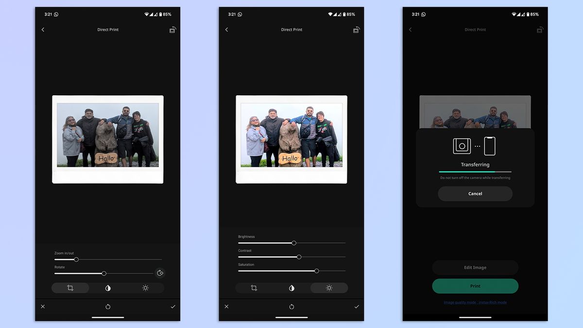 A compilation of screenshots showing the Fujifilm Instax Wide Evo app open on a Google Pixel 7 Pro