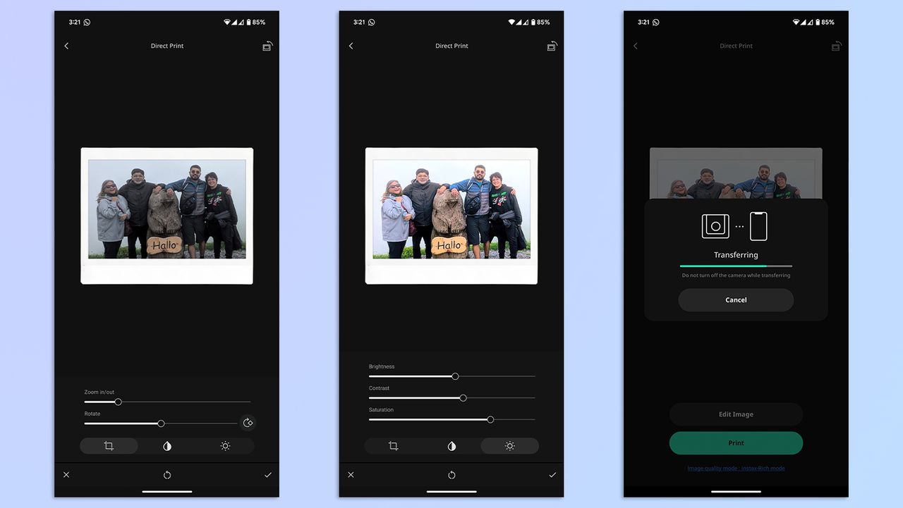 A compilation of screenshots showing the Fujifilm Instax Wide Evo app open on a Google Pixel 7 Pro