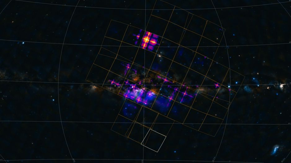 A view of the Milky Way from Einstein&#039;s Probe&#039;s perspective. There are various squares overlain on the image and bright purple spots of X-ray activity.