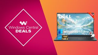 Windows Central Deals graphic featuring a Dell laptop with Windows 11 Pro on a vibrant orange and pink gradient background.