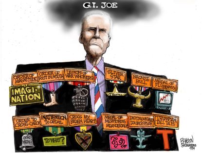 Political Cartoon U.S. G.I. Joe Biden Medals of Honor Tall Tales