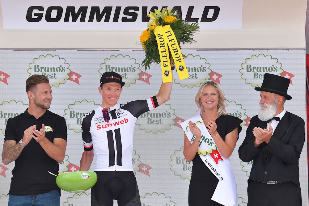 Soren Kragh Andersen (Team Sunweb) on the Tour de Suisse podium after winning stage 6