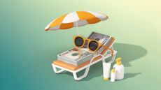 A stack of dollar bills rests on a lounge chair, wearing sunglasses and covered by a small umbrella