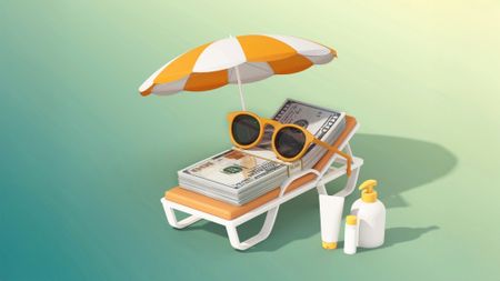 A stack of dollar bills rests on a lounge chair, wearing sunglasses and covered by a small umbrella
