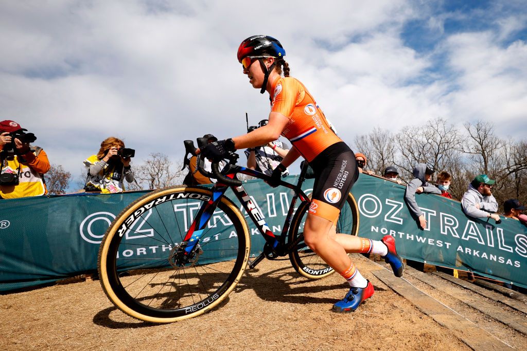 FAYETTEVILLE ARKANSAS JANUARY 30 Shirin Van Anrooij of Netherlands competes during the 73rd UCI CycloCross World Championships Fayetteville 2022 Womens U23 Fayetteville2022 on January 30 2022 in Fayetteville Arkansas Photo by Chris GraythenGetty Images