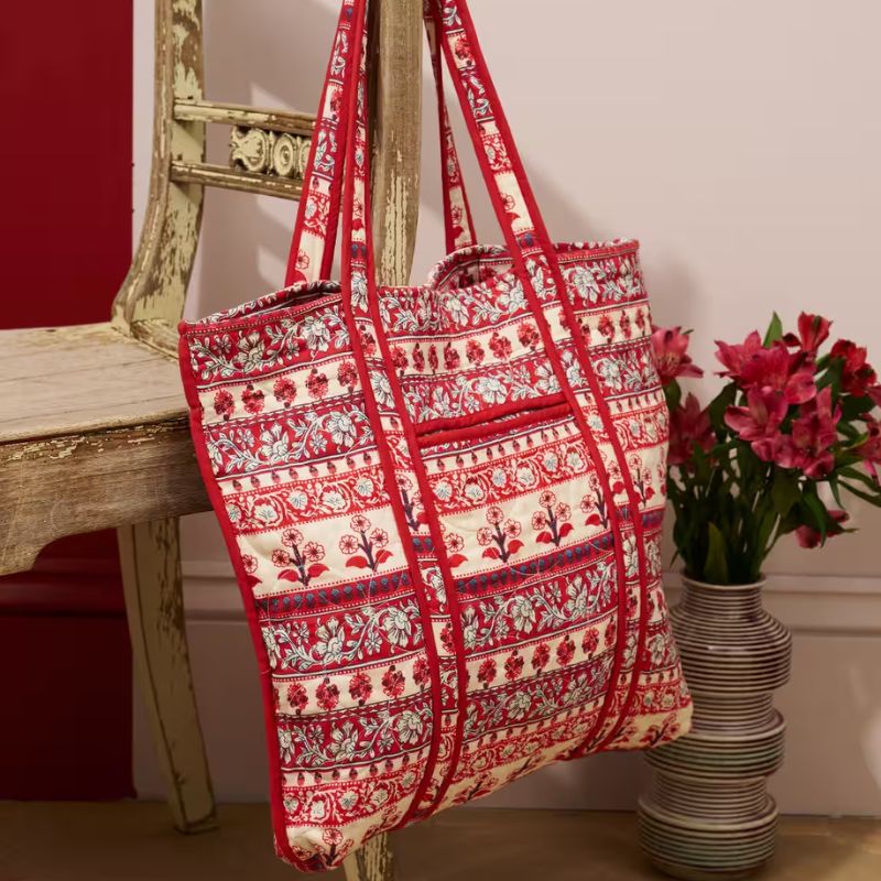 Brora Cotton Block Print Quilted Tote Bag hanging on chair