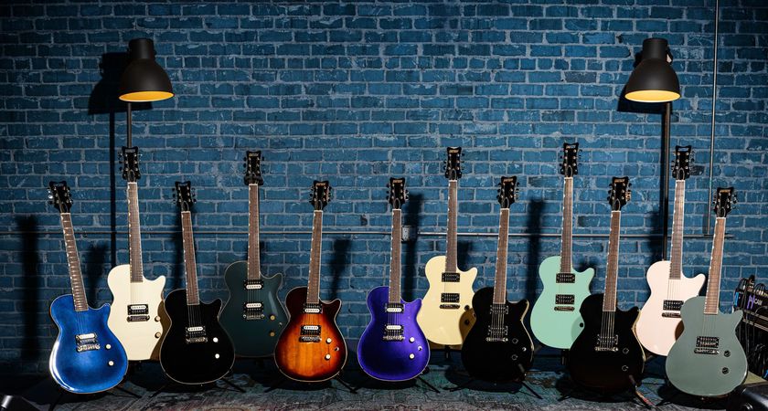 A family photo of the newly refreshed Gretsch Streamliner and Electromatic Jet singlecut electric guitars, in various classic and bold finishes.