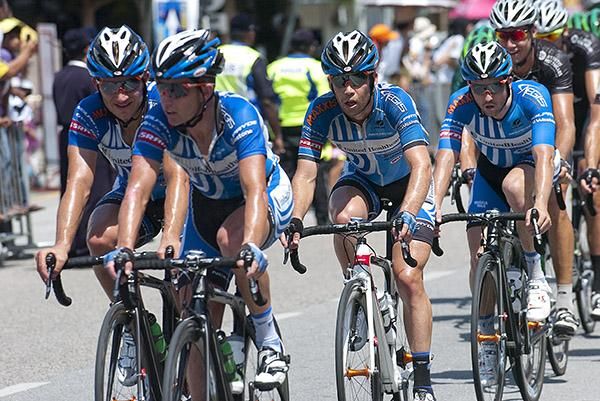 Riders from the United Healthcare team with Australian Jonathan Clarke (third wheel) doing well to be in fourteenth place overall on the GC.