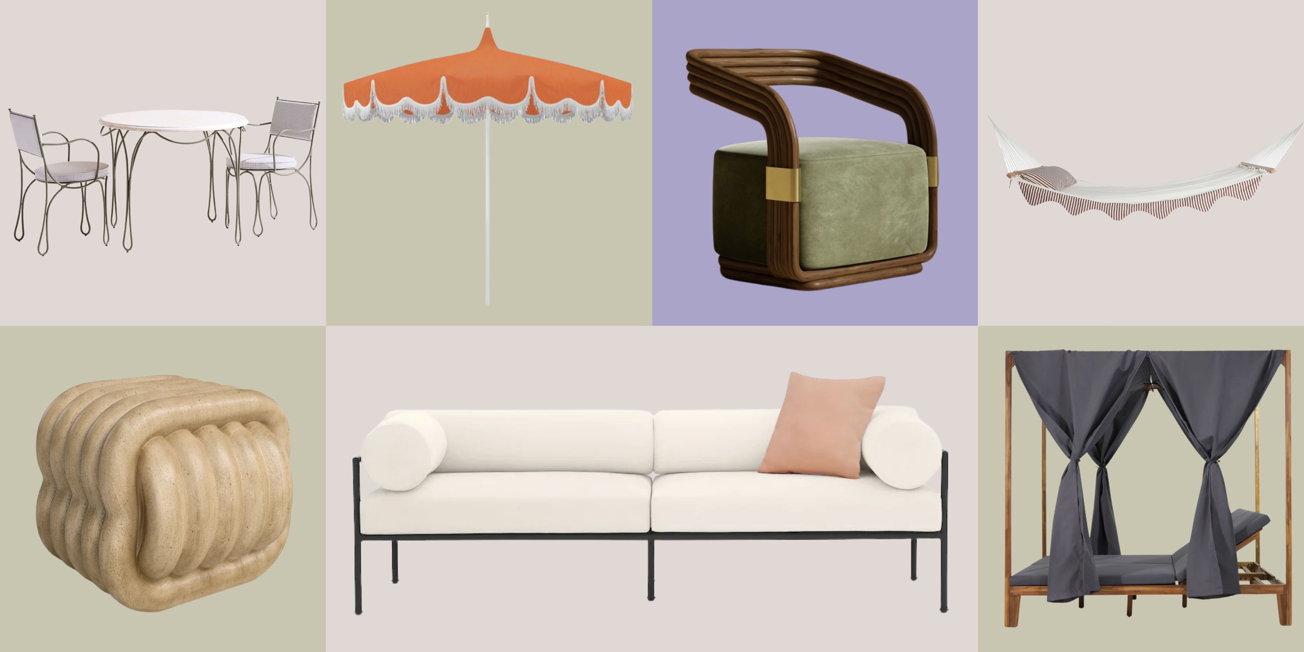 Best outdoor furniture for 2025, including a green wrought iron bistro set, canopy-covered patio daybed, fringed umbrella, and sculptural side table, pictured against a colorful checkered background