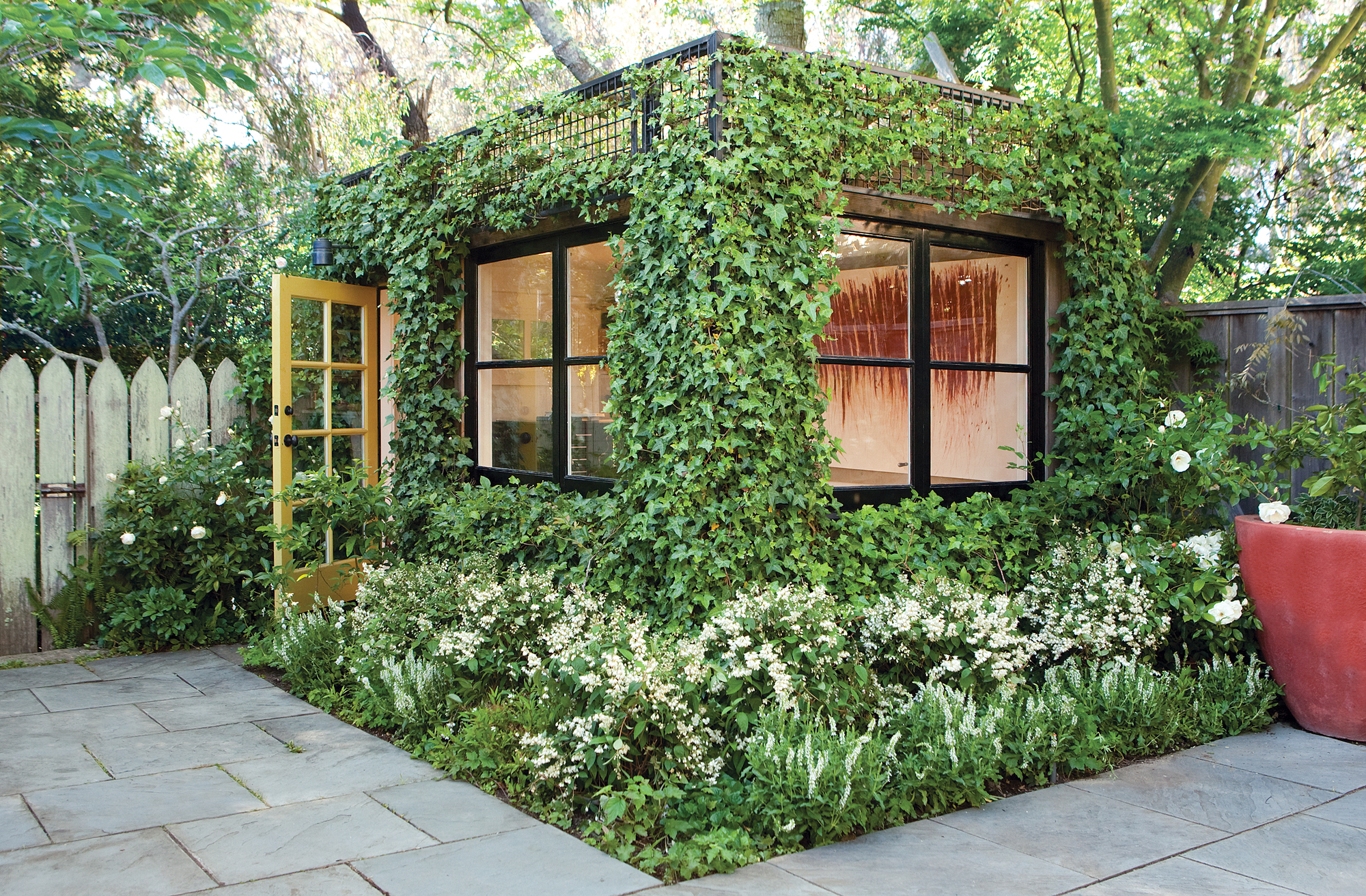 A garden patio with a shed covered in climbing plants