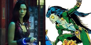 Zoe Saldana's Gamora next to her '80s hair band-esque comic book persona