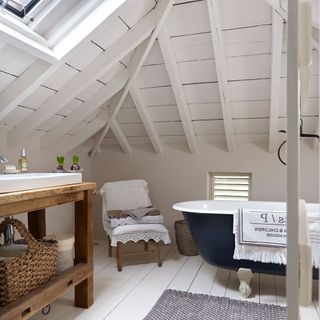attic bathroom with white panelled wall and ceiling
