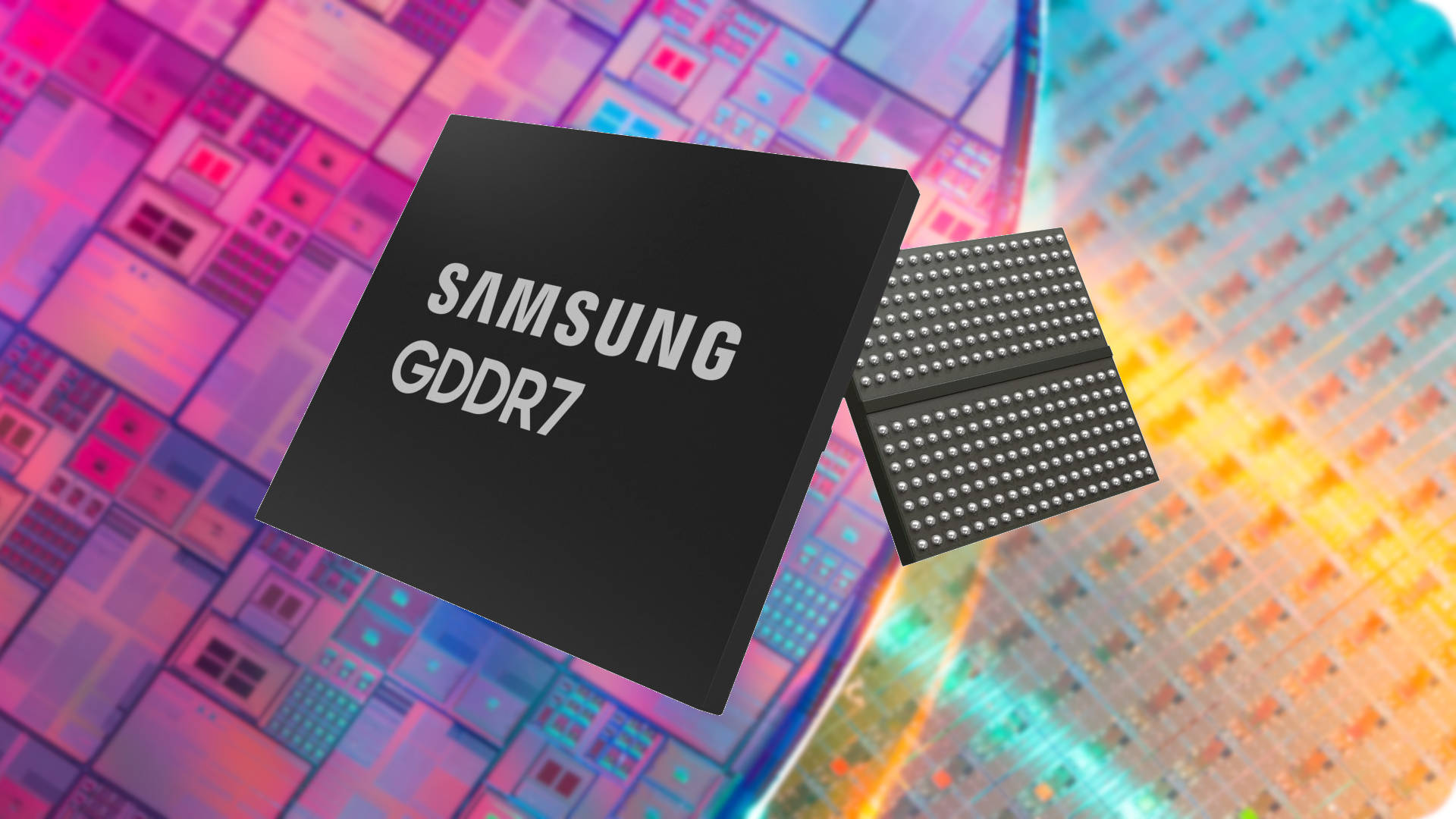 An generic image of Samsung GDDR7 modules against a background of Samsung silicon wafer diagrams