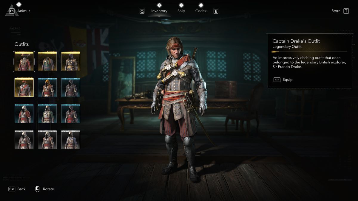 Black Flag outfits: Captain Drake's Outfit viewed in the menu.