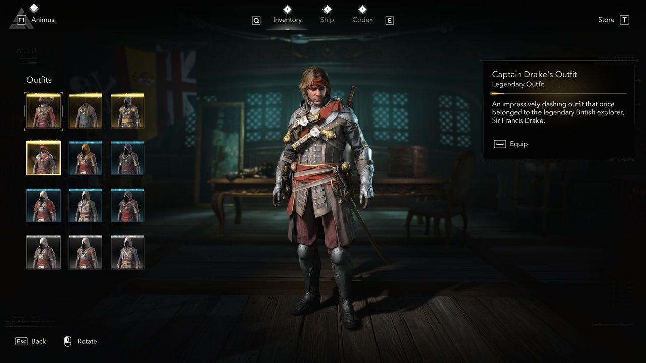 Black Flag outfits: Captain Drake's Outfit viewed in the menu.