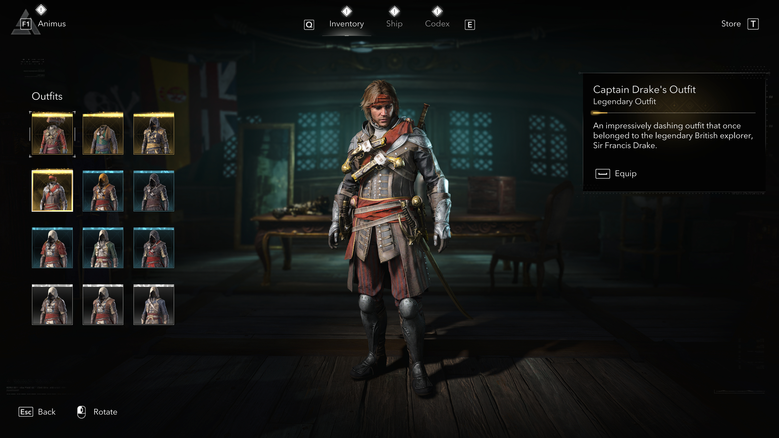 Black Flag outfits: Captain Drake's Outfit viewed in the menu.