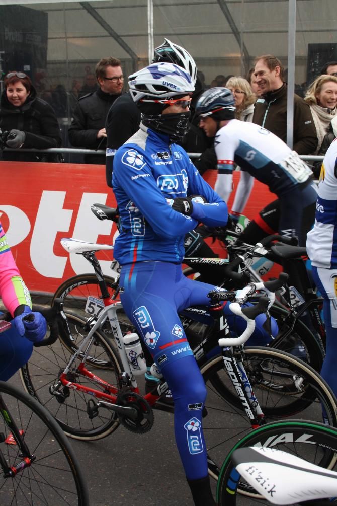 A pensive Yoann Offredo (FDJ) before the start of Omloop Het Nieuwsblad.