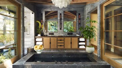 spa like bathroom in a tropical style with wood, stone and plants