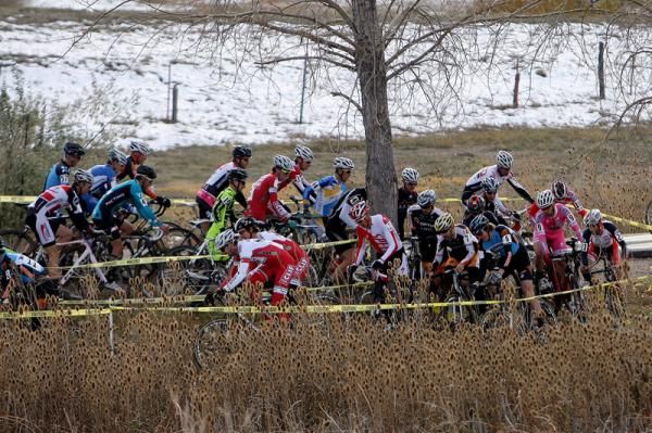 The men get bunched up after the start.