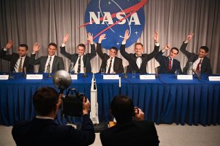 National Geographic's "The Right Stuff" cast restages NASA's 1959 press conference where the Mercury 7 astronauts were announced to the world.