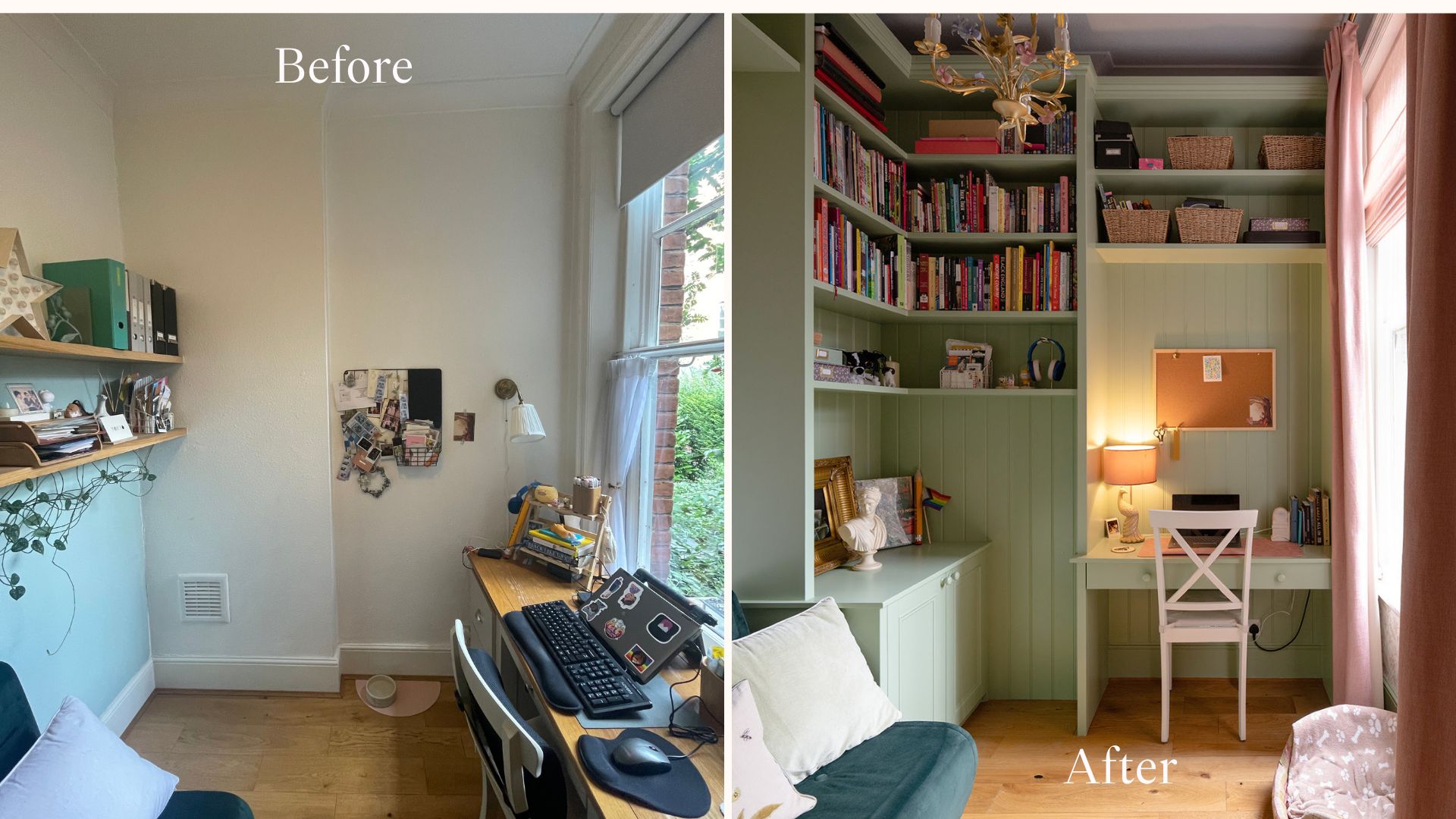 Before and after split image of a small room makeover with smart storage