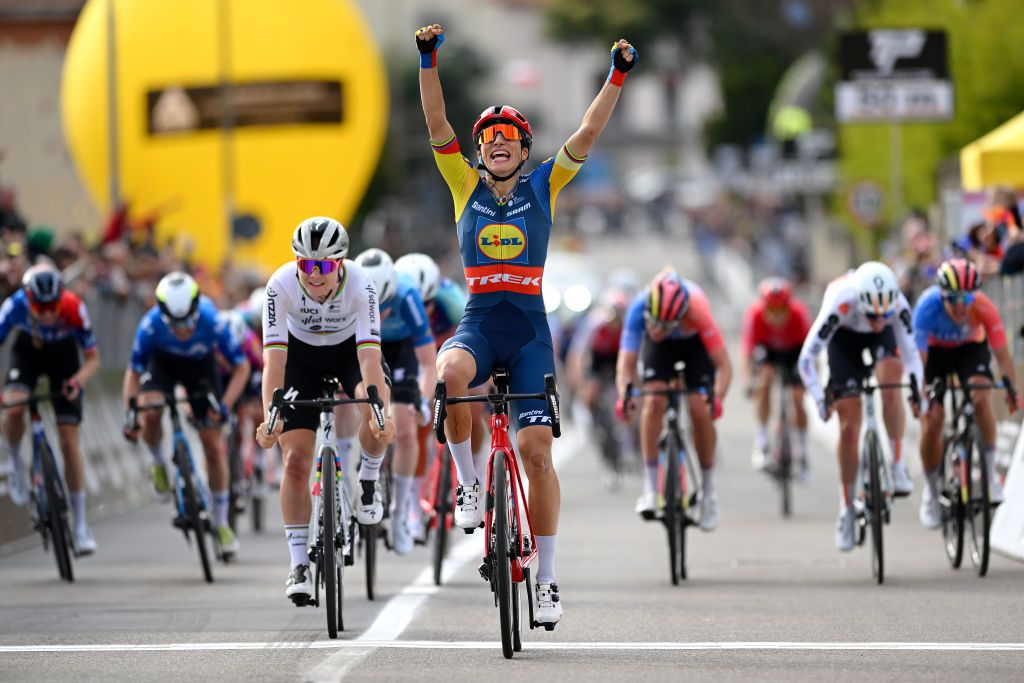 CITTIGLIO, ITALY - MARCH 17: Elisa Balsamo of Italy and Team Lidl-Trek celebrates at finish line as race winner ahead of Lotte Kopecky of Belgium and Team SD Worx-Protime during the 25th Trofeo Alfredo Binda-Comune di Cittiglio 2024, Women&#039;s Elite a 140.5km, one day race from Maccagno con Pino e Veddasca to Cittiglio / #UCIWWT / on March 17, 2024 in Cittiglio, Italy. (Photo by Dario Belingheri/Getty Images)