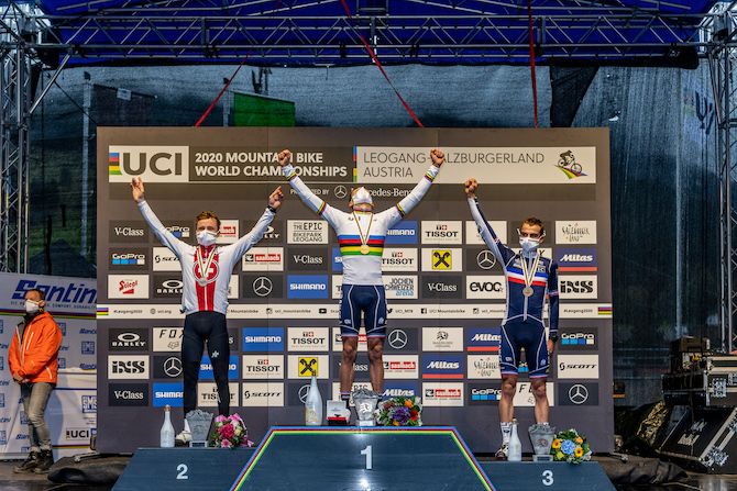 The elite men&rsquo;s final podium (l to r): Mathias Flueckiger, Jordan Sarrou, Titouan Carod