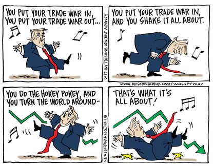 Political Cartoon U.S. Trump Trade War Hokey Pokey Dance Steps
