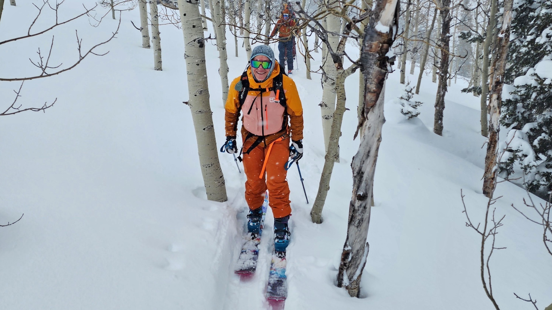 Woman wearing Ortovox Mesola ski jacket for skiing
