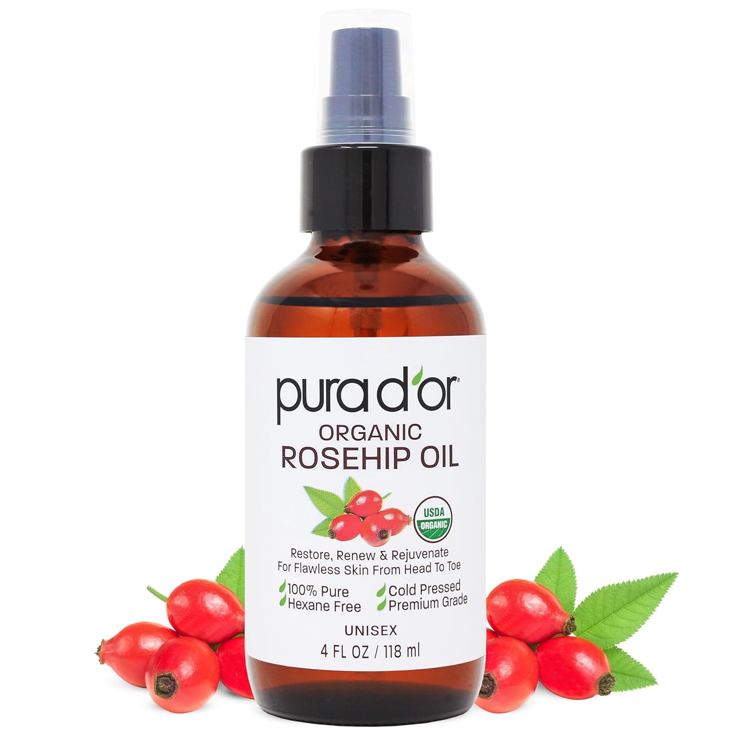 Pura D'or 4 Oz Organic Rosehip Seed Oil - 100% Pure Cold Pressed Usda Certified Anti-Aging Treatment - Vitamin a & C Rich - Helps Fade Appearance of Scars & Stretch Marks - for Face, Hair & Body