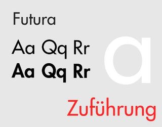 Sample text in Futura font, a very rounded sans-serif font, with several letters of the alphabet, a giant letter A, and the word ‘Zuführung' spelt out, on a grey background.