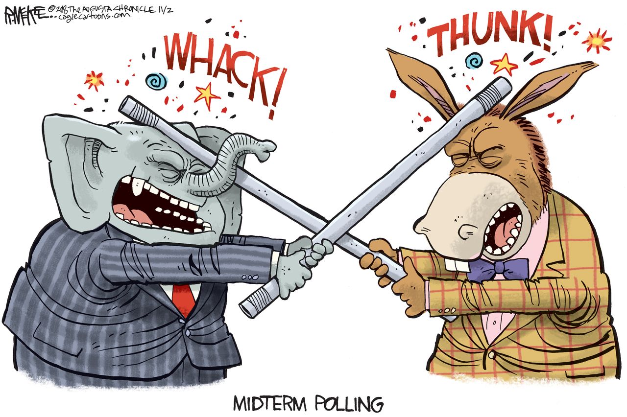 Political cartoon U.S. midterm elections polling Republicans Democrats