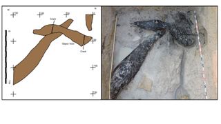 The wooden structure, showing where Stone Age Humans have cut into the wood.