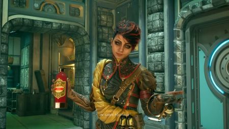 The Outer Worlds 2 character holding bottle and glass