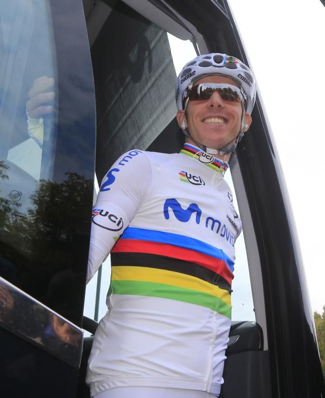 Rui Costa (Movistar) peaks out from the team bus