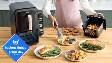 Ninja Double Stack XXL Air Fryer lifestyle image with woman serving multiple plates of food