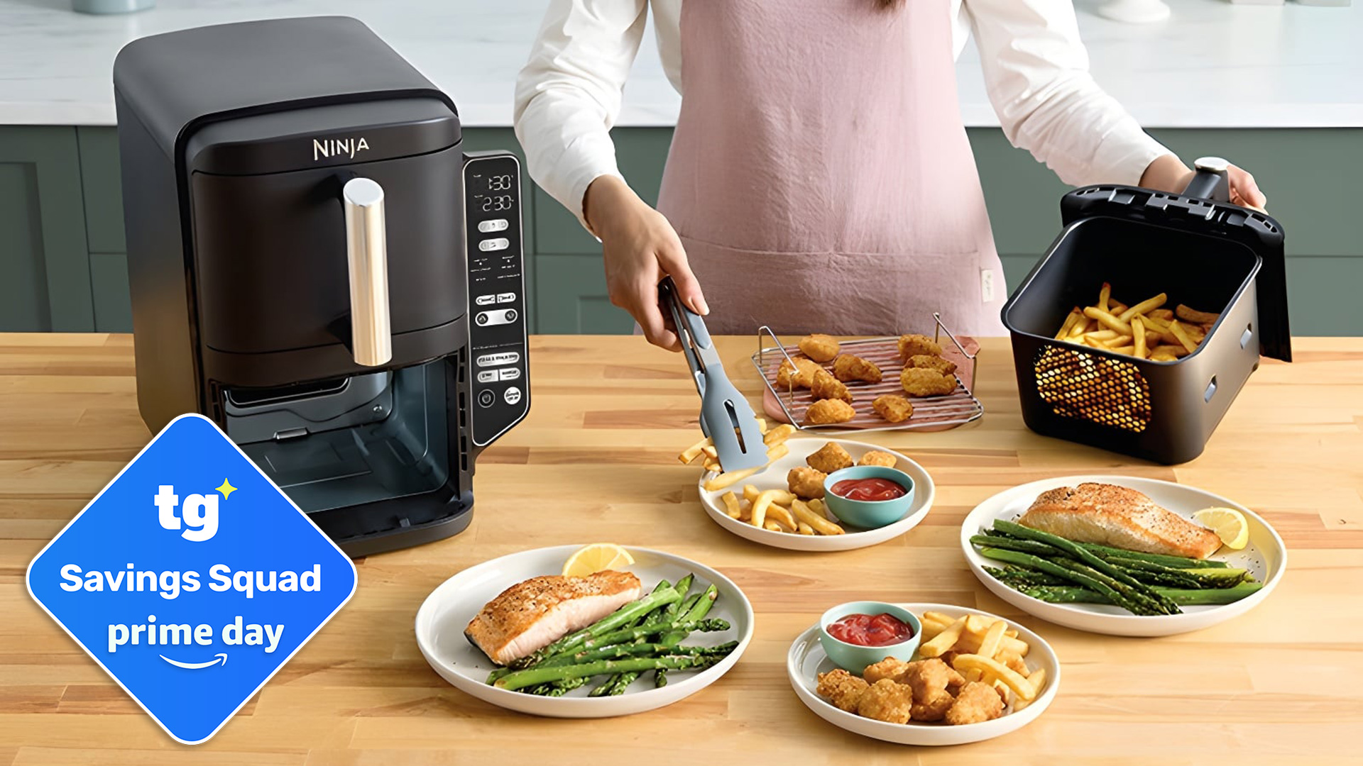 Ninja Double Stack XXL Air Fryer lifestyle image with woman serving multiple plates of food