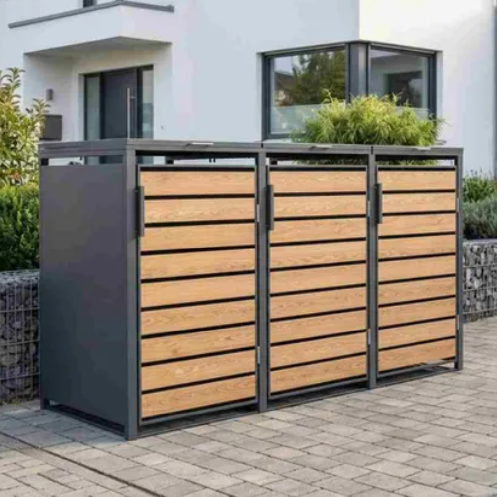 Wooden and grey bin store with three compartments